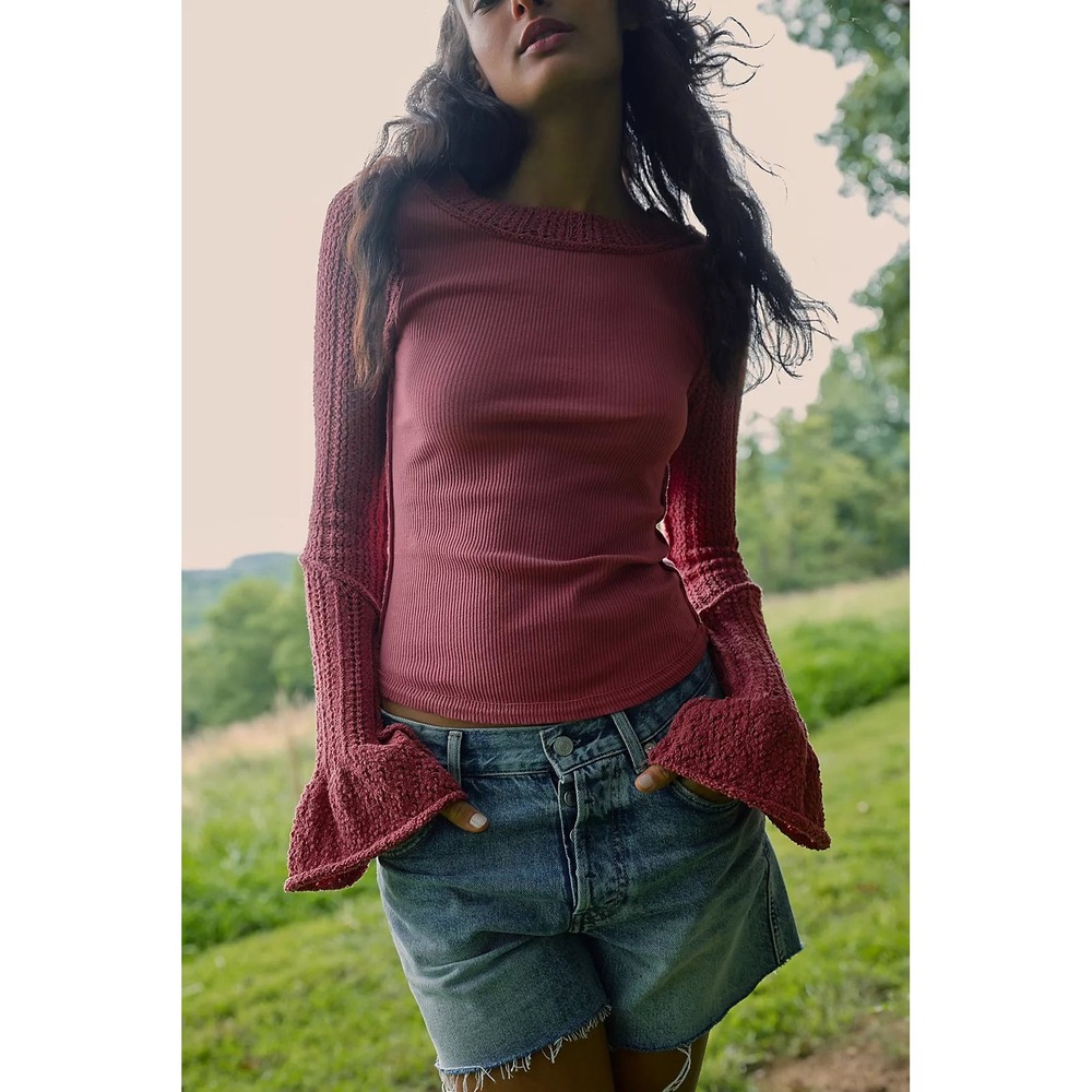 Free People Cuffing Season Rose Pink Ribbed Crochet Flare Sleeve Top Sz S